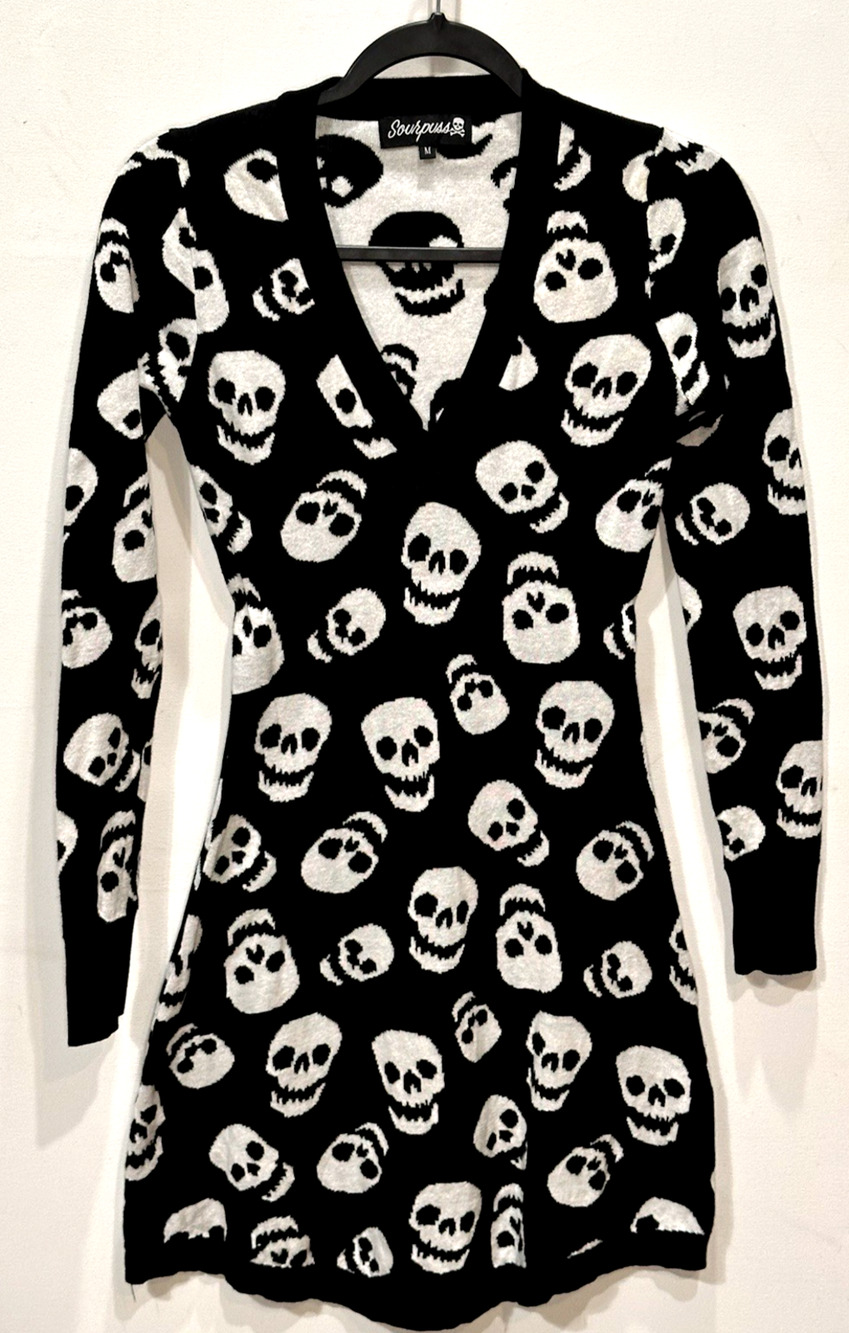 Sourpuss Skull Knit Mini Dress M Black White Long Sleeve Goth Punk Sweater Dress